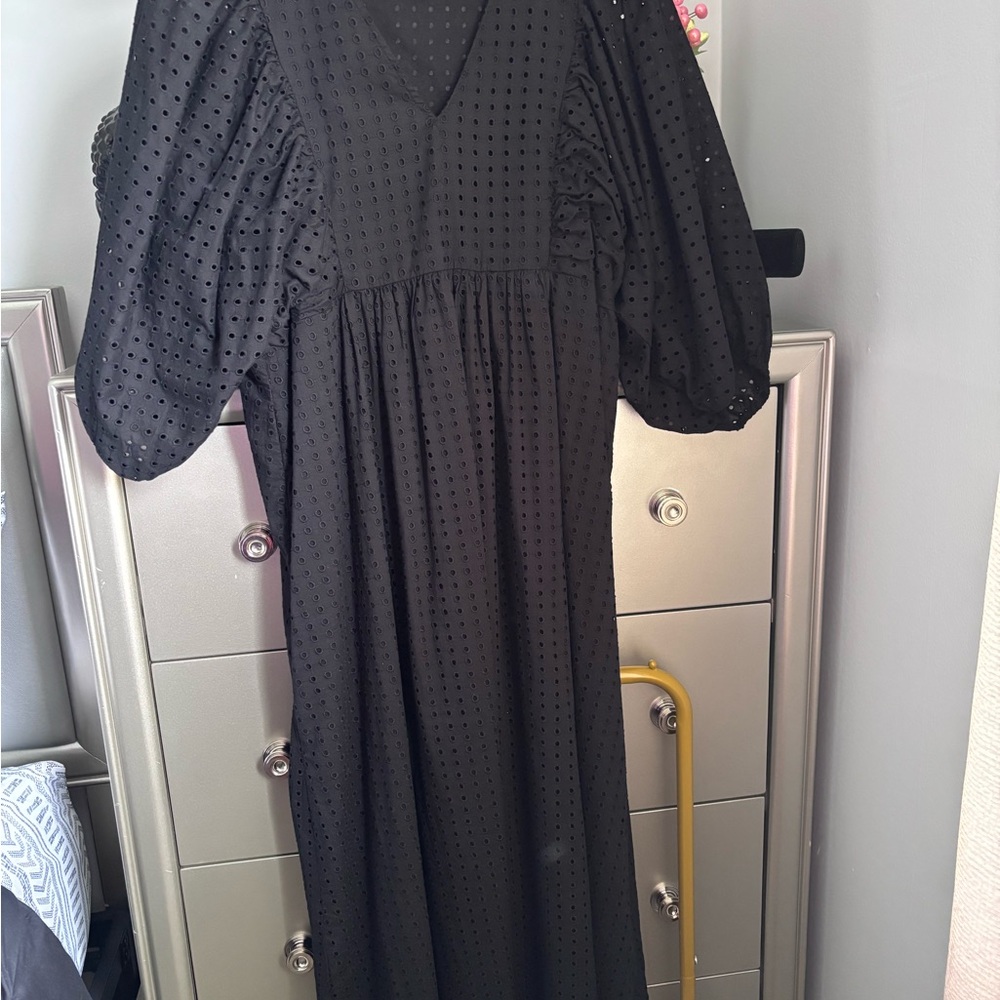 a new day Black Swiss Dot Maxi with Puff Sleeves